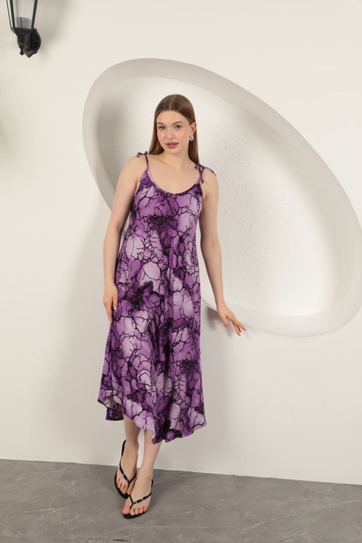 Viskon Kumaş Sulu Boya Desenli Elbise-Mor