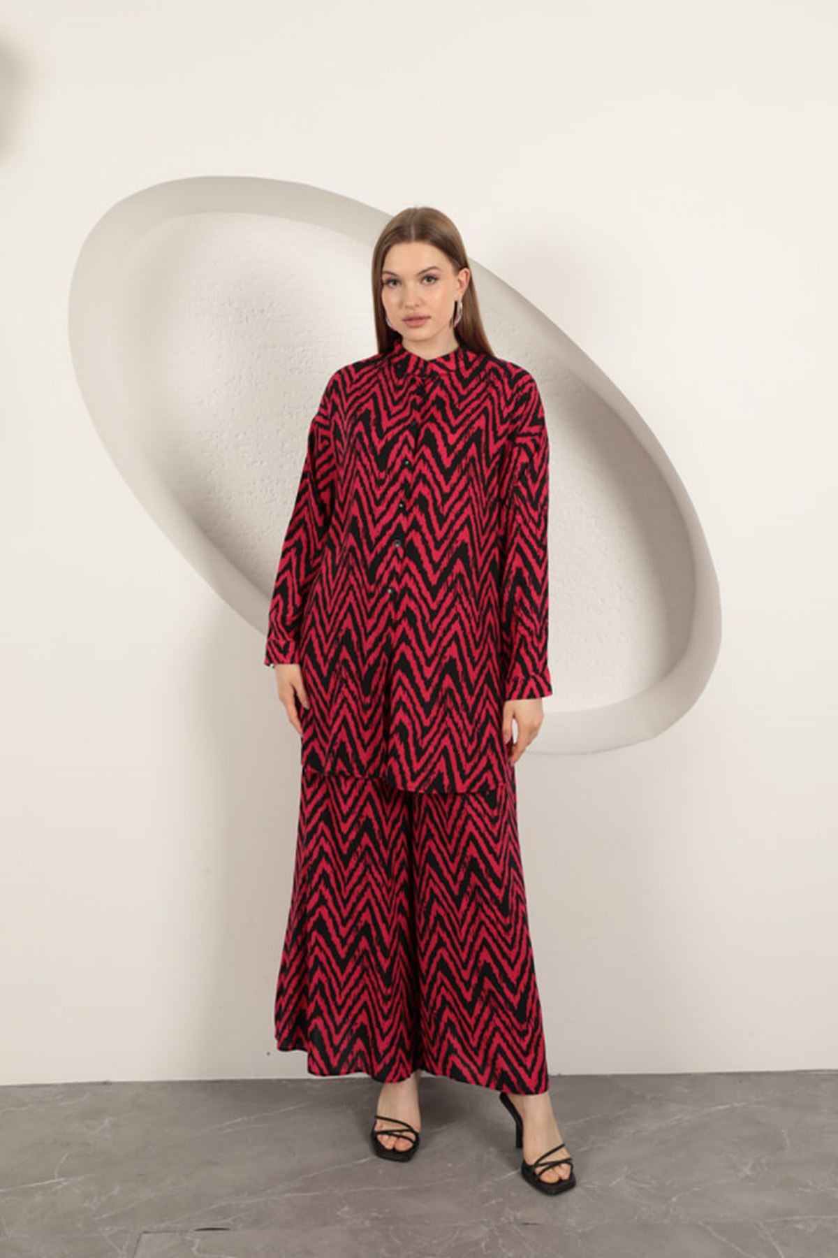 Viskon Kumaş Çizgili Kadın Takım-Fuşya