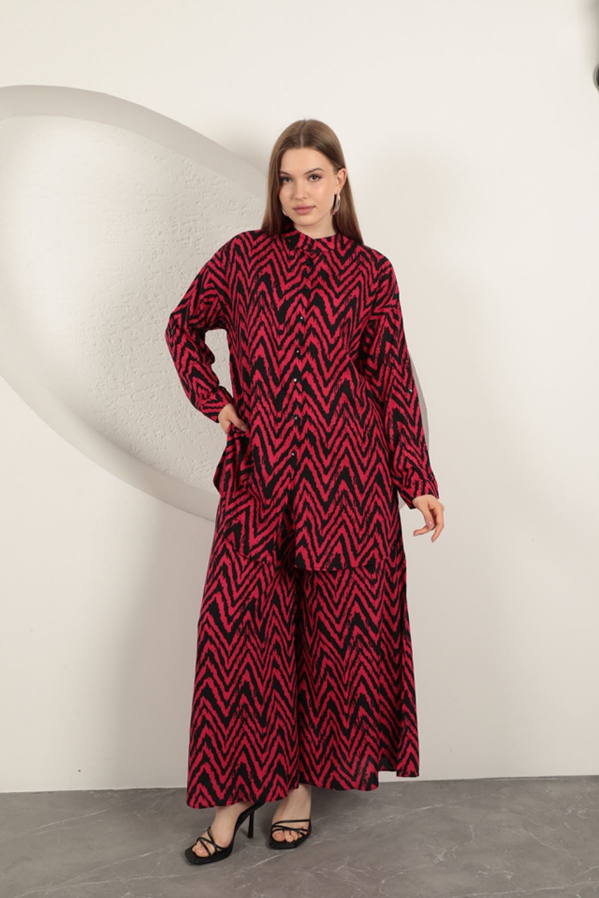 Viskon Kumaş Çizgili Kadın Takım-Fuşya