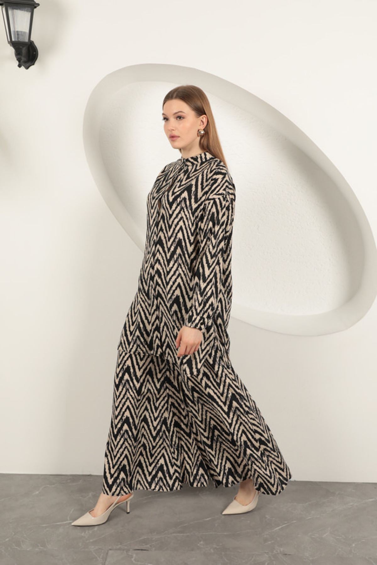 Viskon Kumaş Çizgili Kadın Takım-Bej