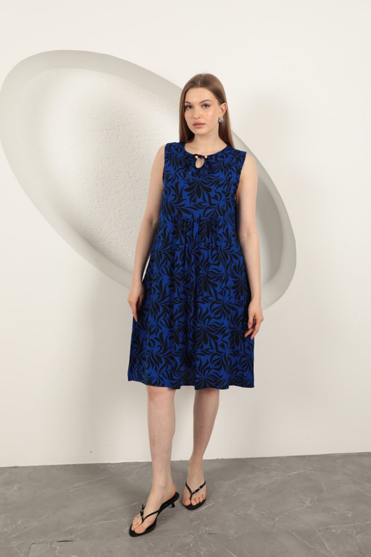 Viskon Kumaş Yaprak Desenli Elbise-Saks