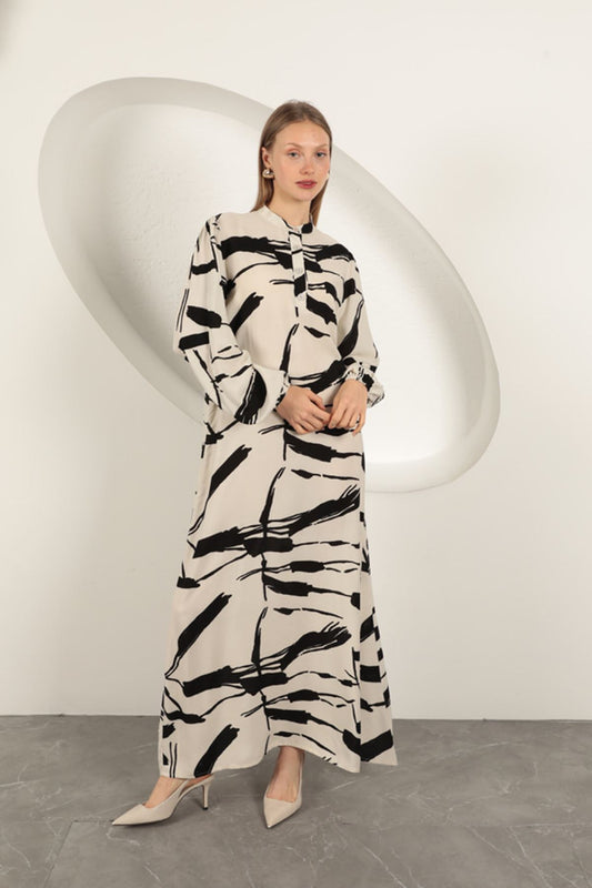 Viskon Kumaş Desenli Elbise-Ekru