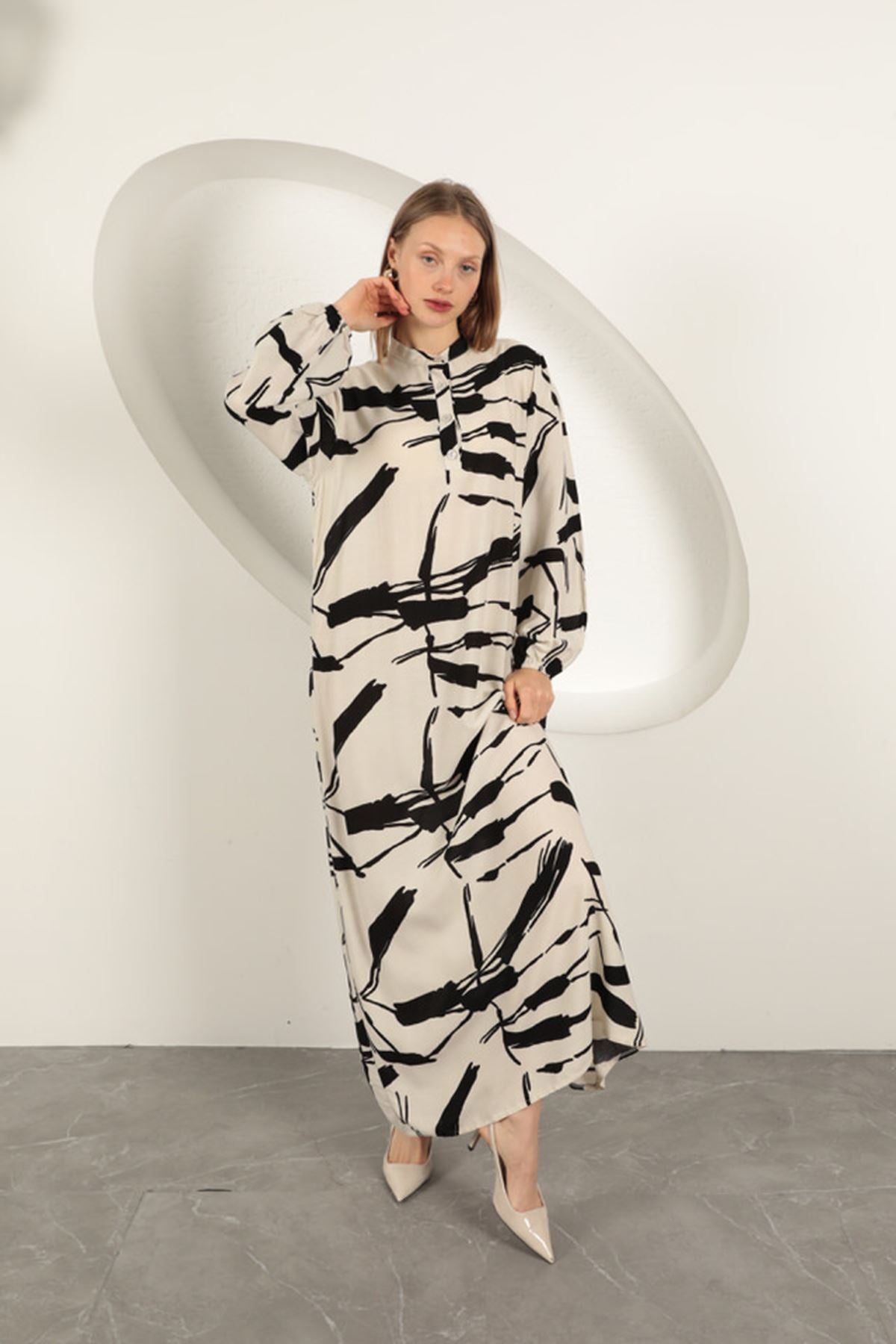 Viskon Kumaş Desenli Elbise-Ekru