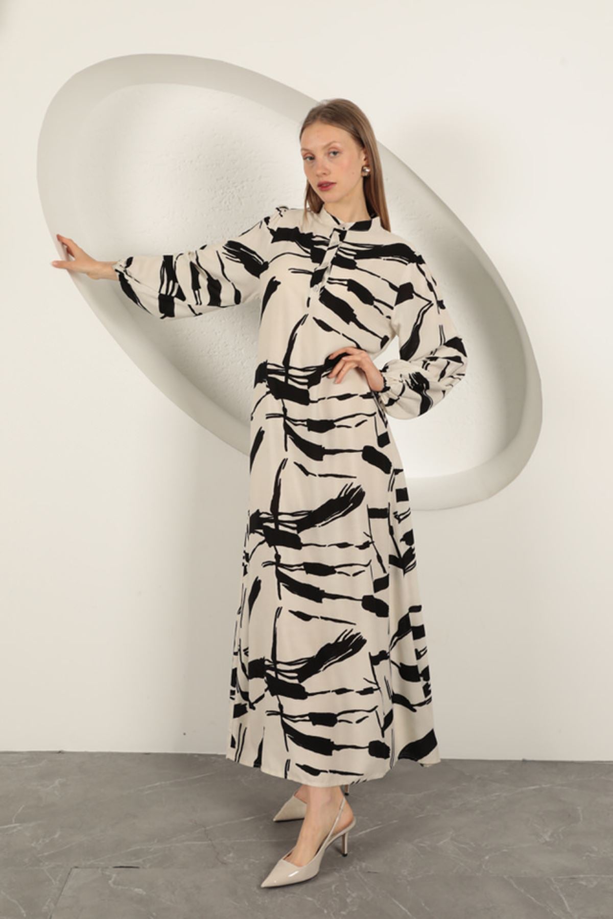 Viskon Kumaş Desenli Elbise-Ekru