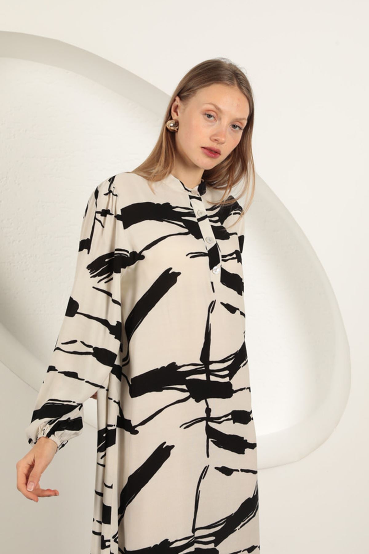 Viskon Kumaş Desenli Elbise-Ekru