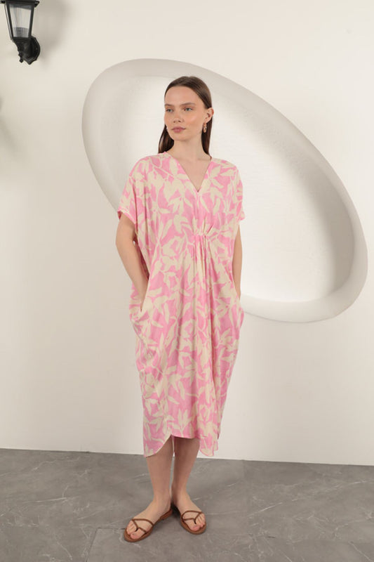 Viskon Kumaş Desenli Elbise-Pembe