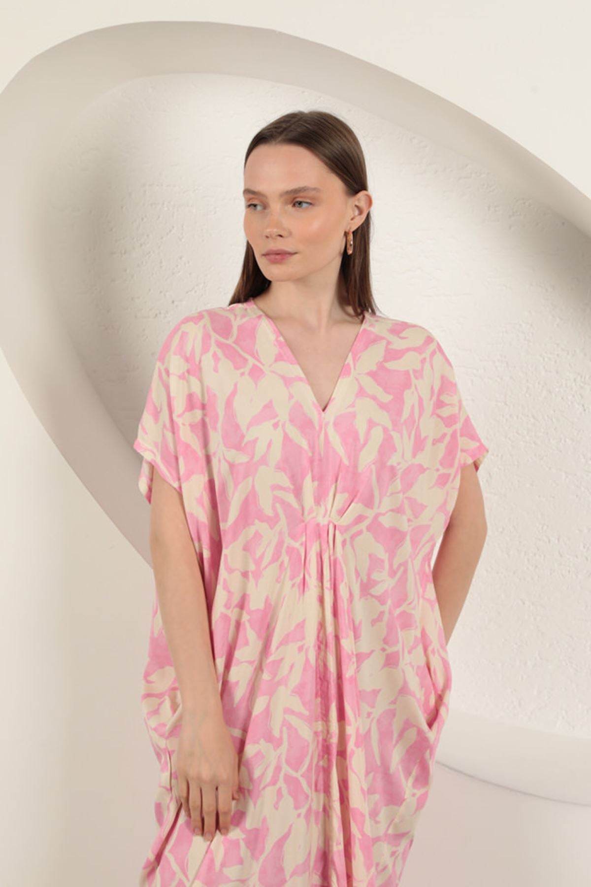 Viskon Kumaş Desenli Elbise-Pembe