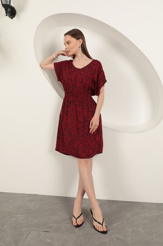 Viskon Kumaş Desenli Elbise-Kırmızı