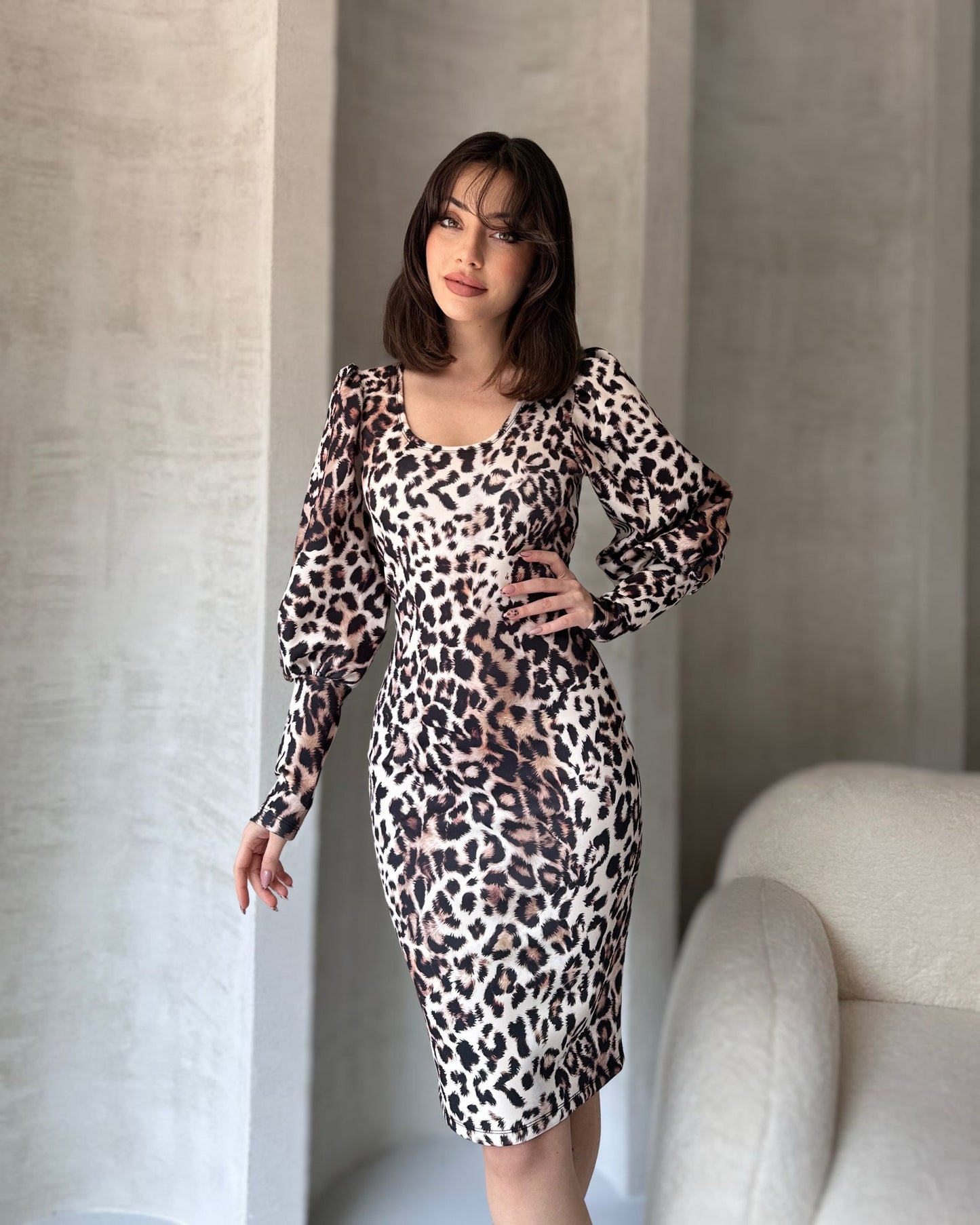 ✨ Leopar Desenli Midi Boy Elbise ✨