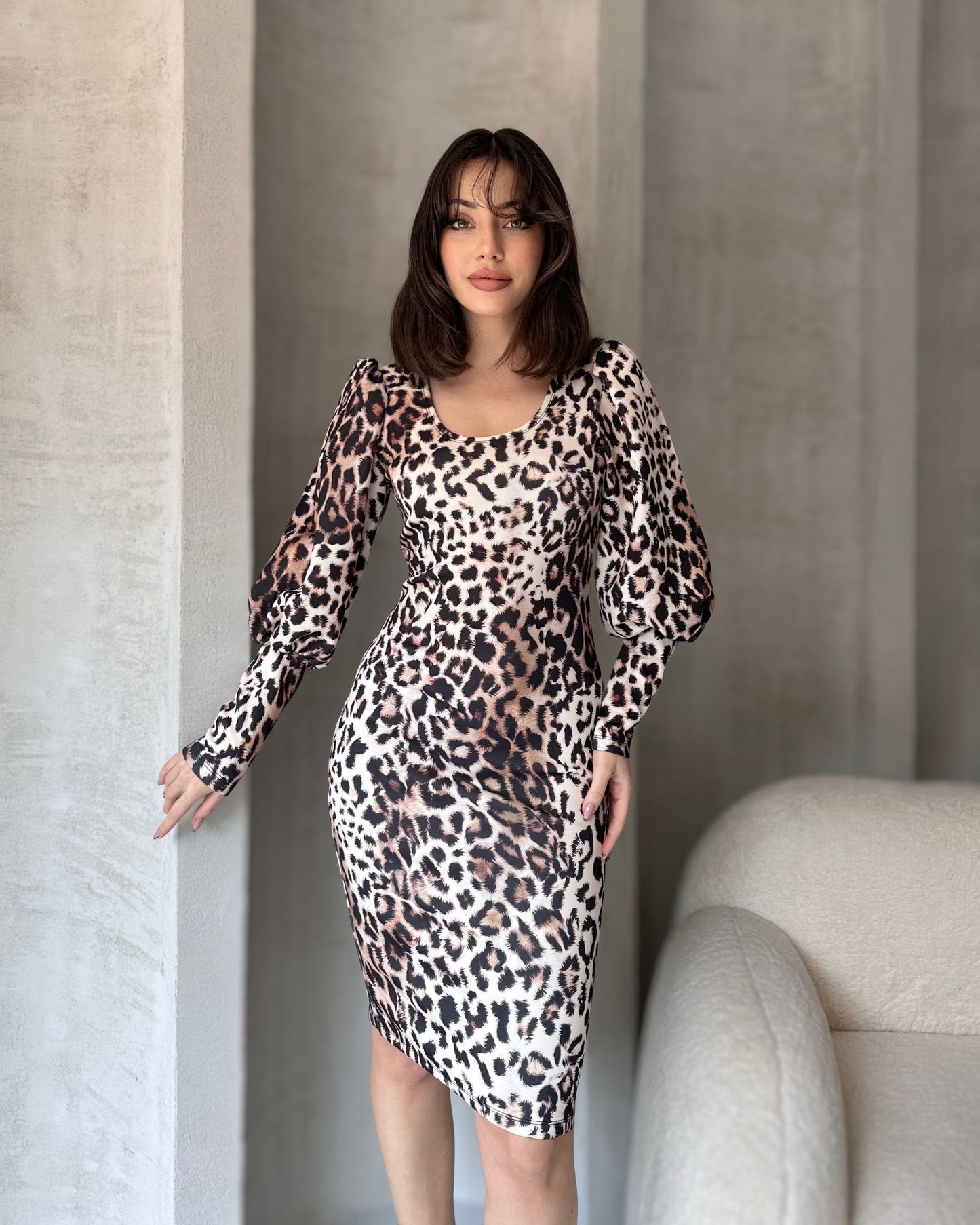 ✨ Leopar Desenli Midi Boy Elbise ✨