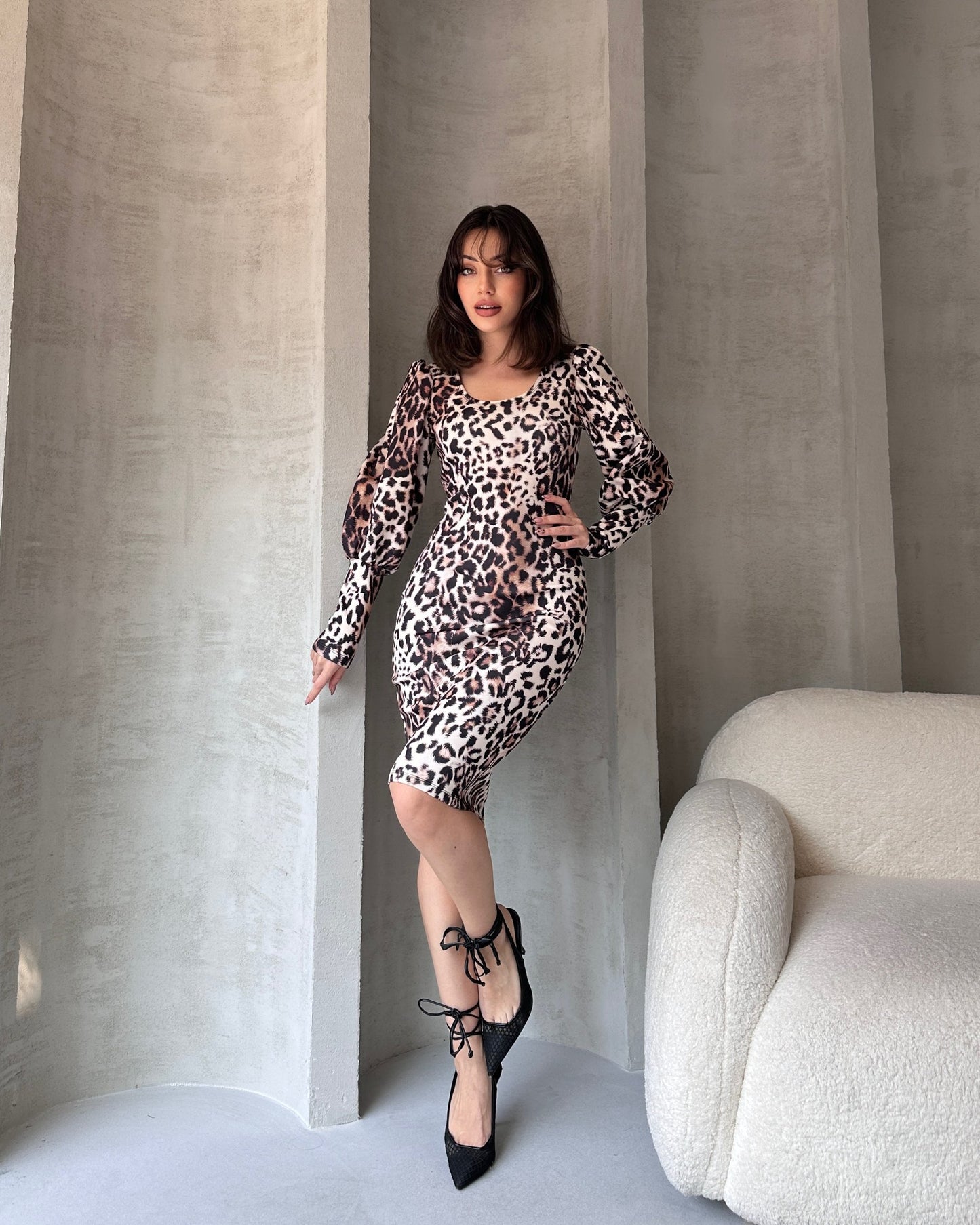✨ Leopar Desenli Midi Boy Elbise ✨