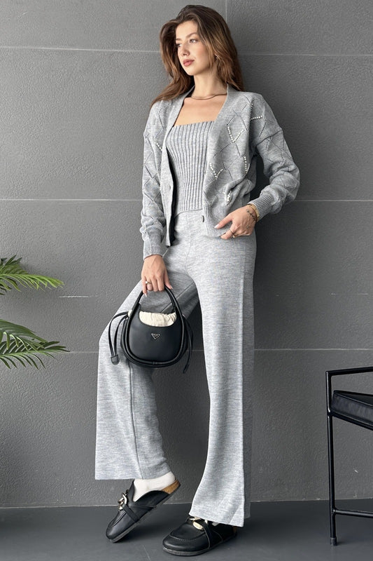 Baklava Desenli Boncuk İşlemeli 3\'Lü Triko Takım