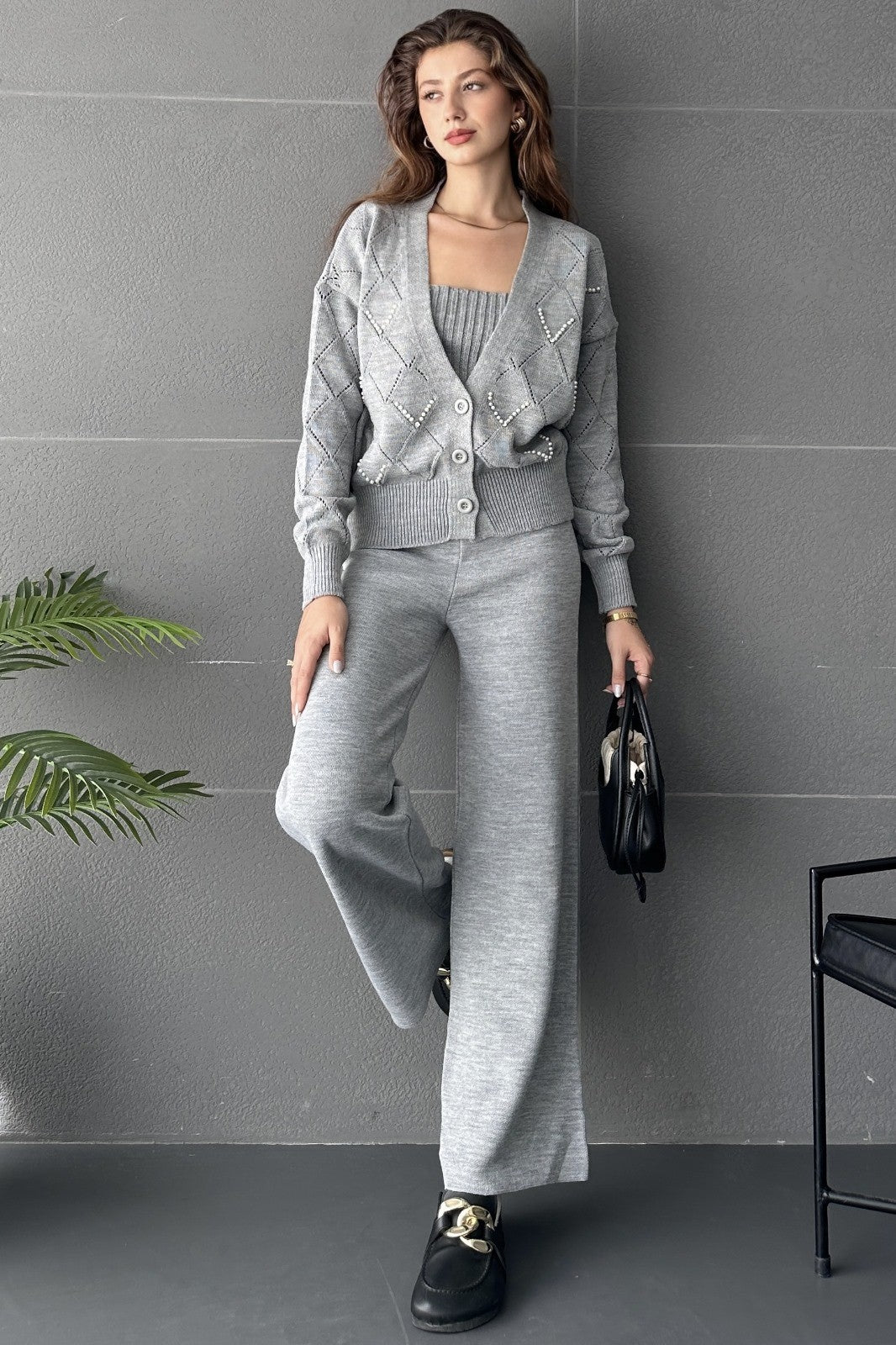 Baklava Desenli Boncuk İşlemeli 3\'Lü Triko Takım