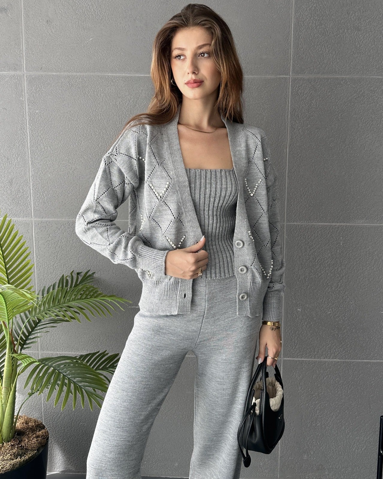 Baklava Desenli Boncuk İşlemeli 3\'Lü Triko Takım