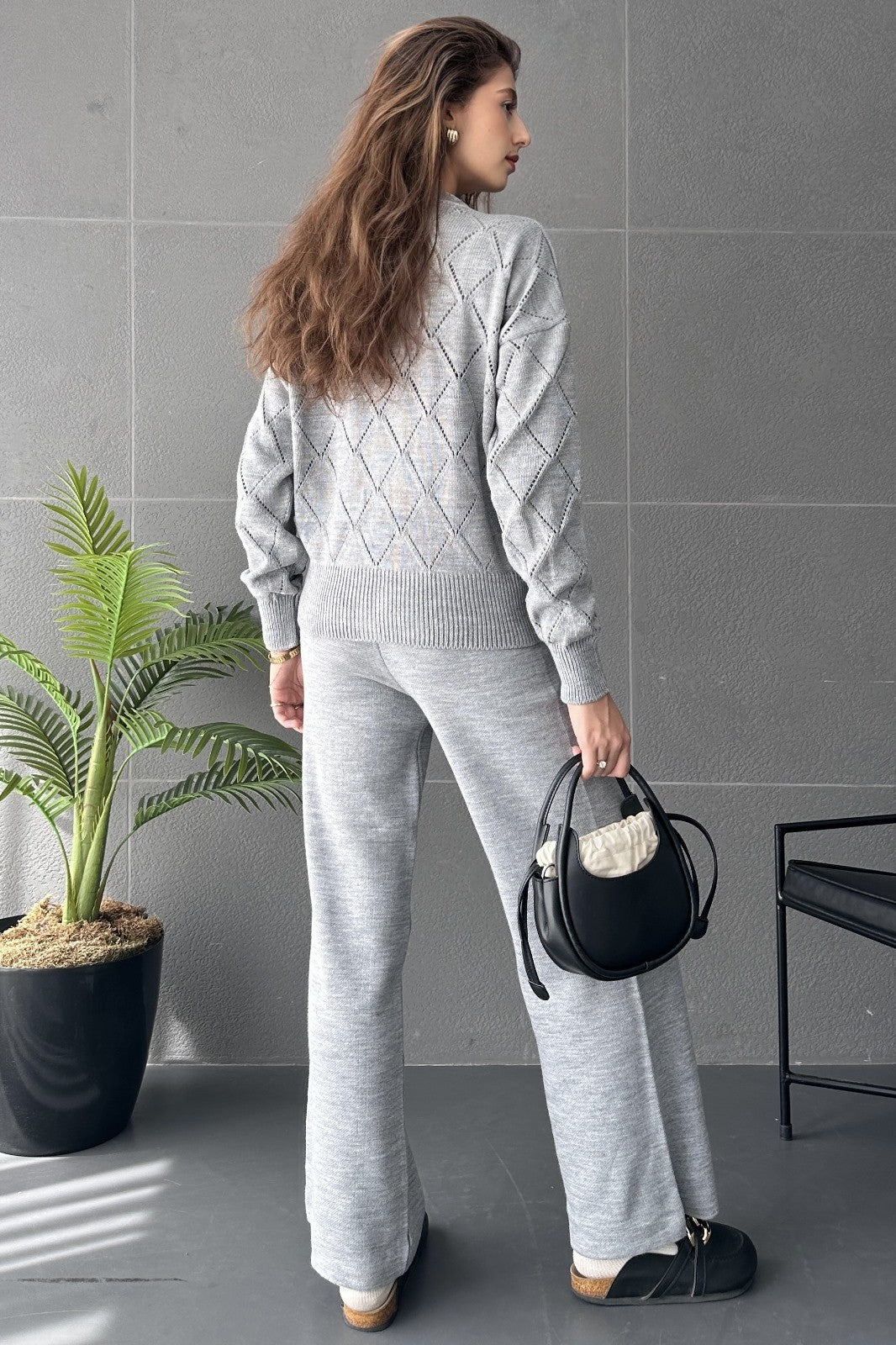 Baklava Desenli Boncuk İşlemeli 3\'Lü Triko Takım