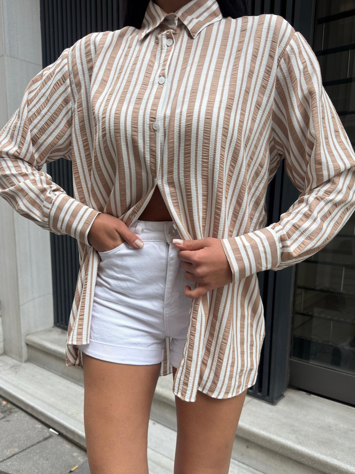 Çizgi Detaylı Gofre Gömlek