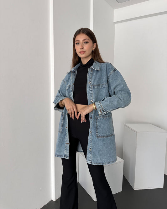 Düğmeli Çift Cep Oversize Denim Gömlek Ceket
