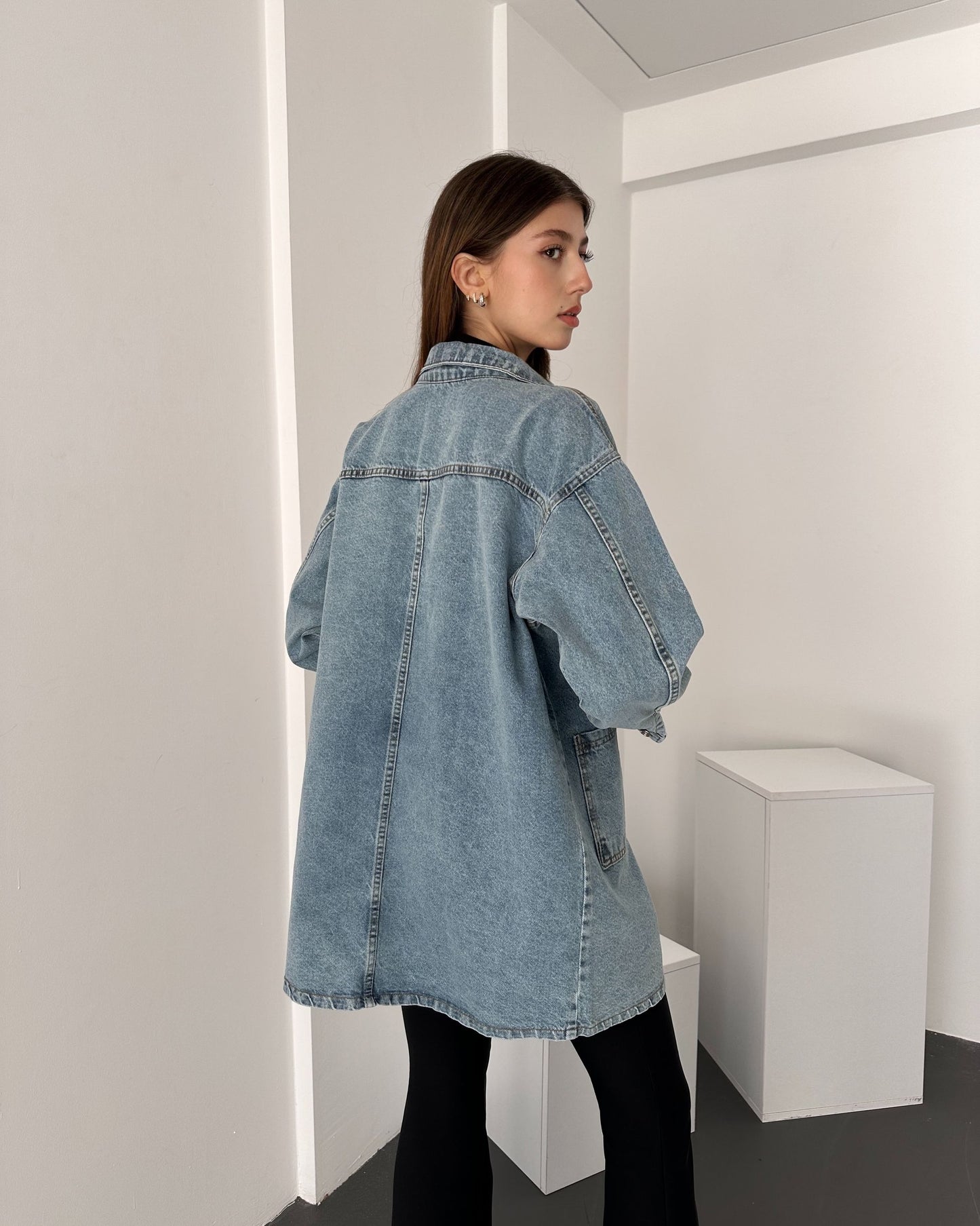 Düğmeli Çift Cep Oversize Denim Gömlek Ceket