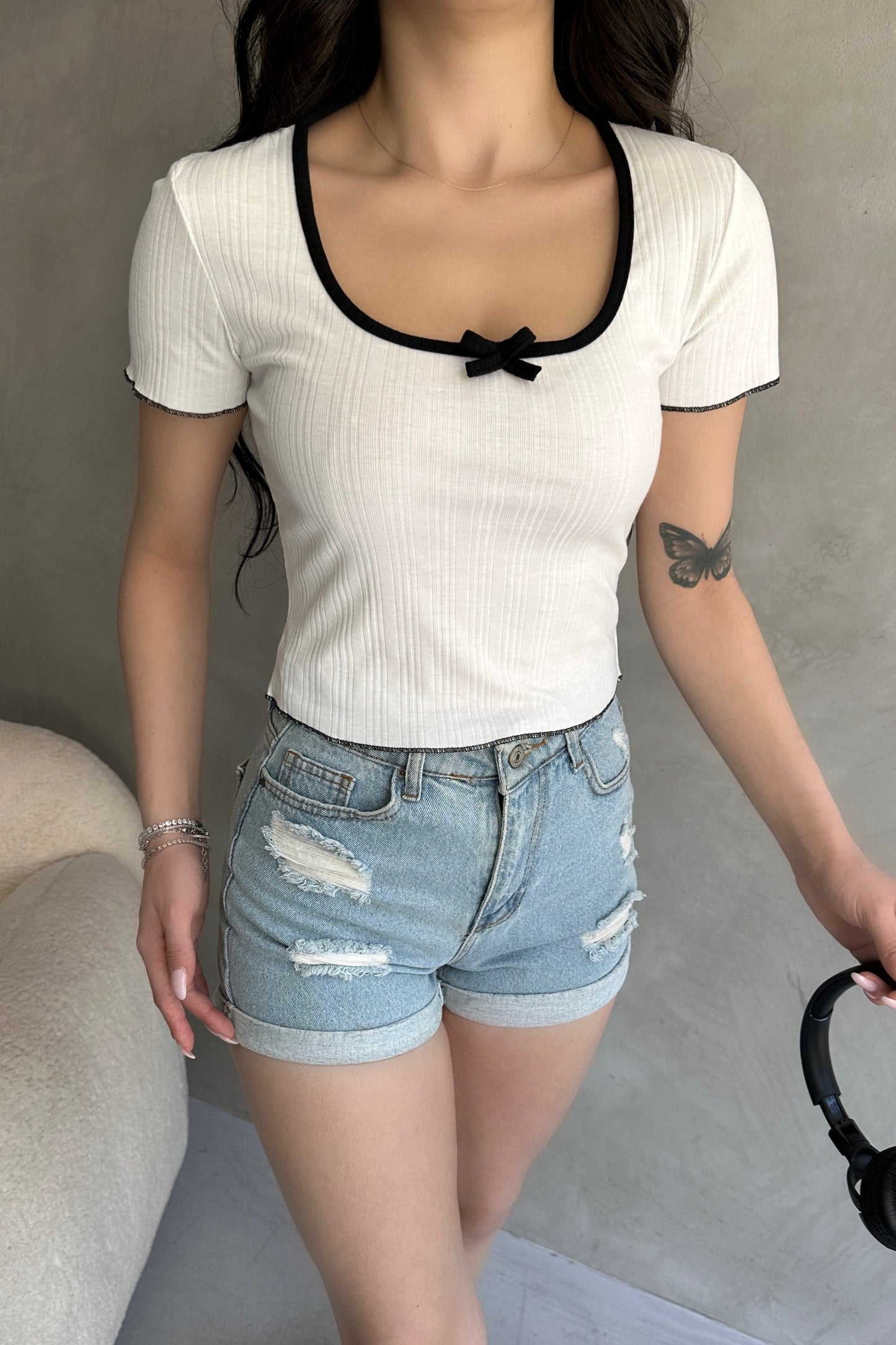 Havuz Yaka Biye Detaylı Crop Bluz