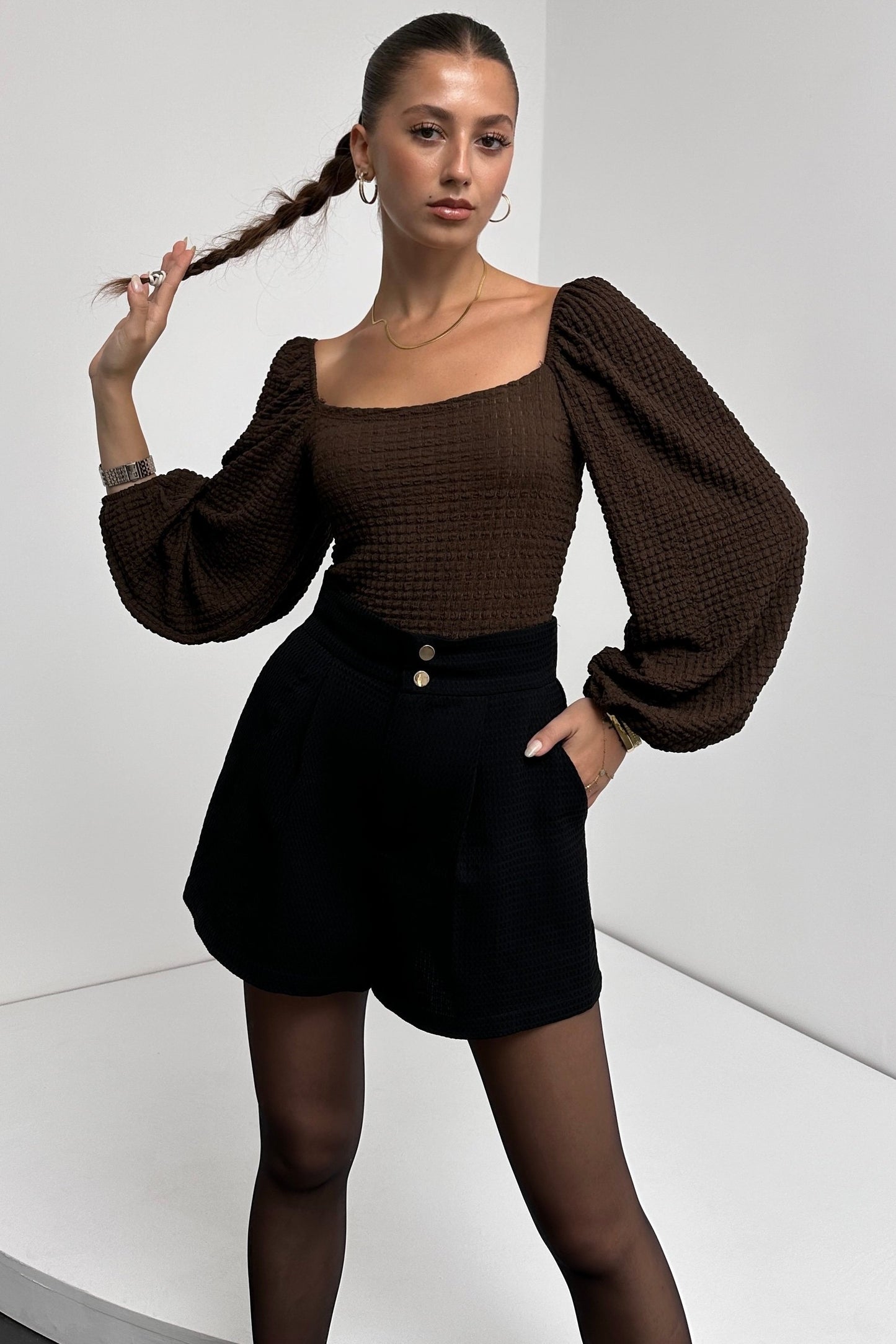 Kare Yaka Balon Kol Bluz