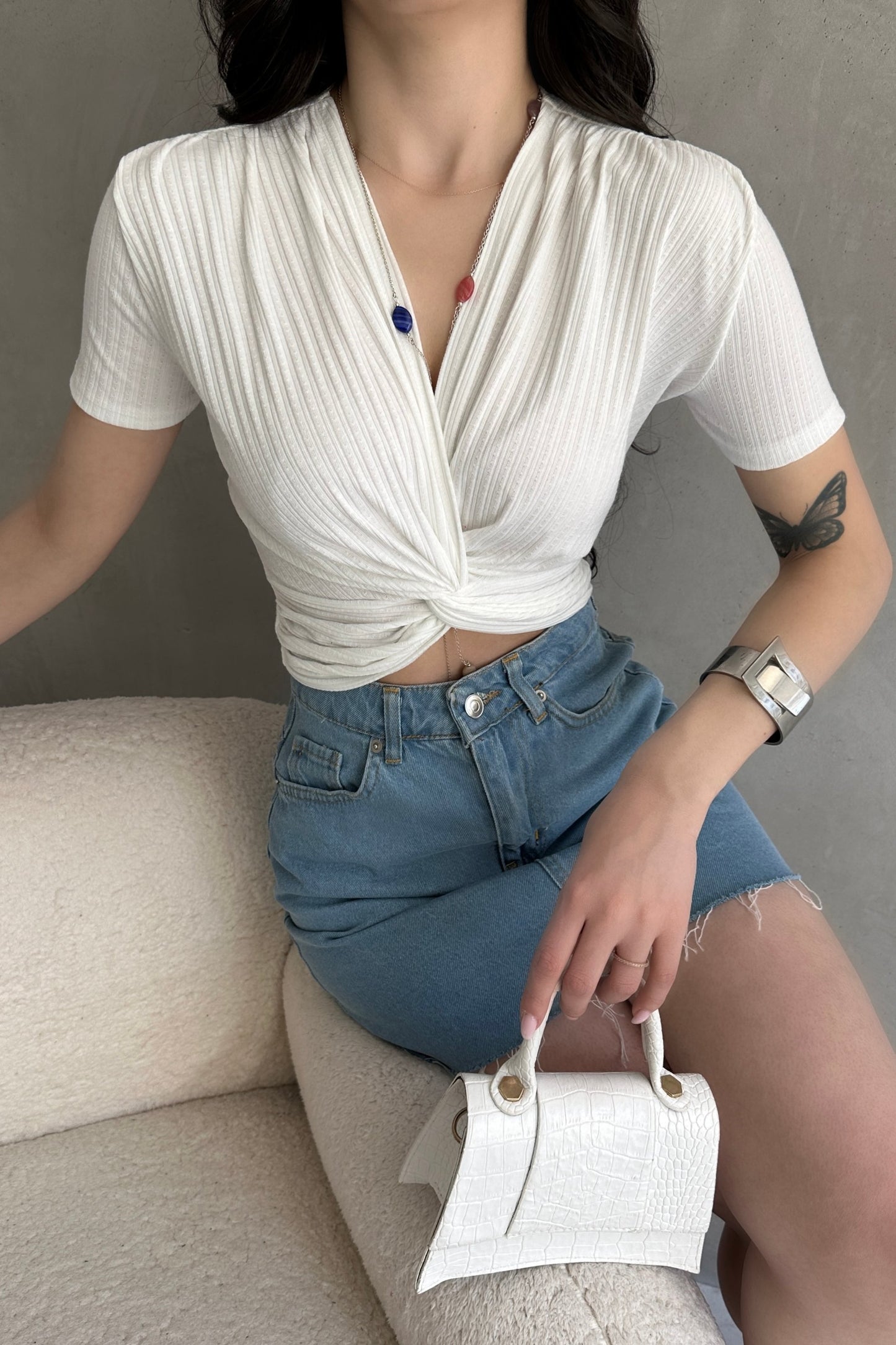 Kruvaze Yaka Crop Bluz