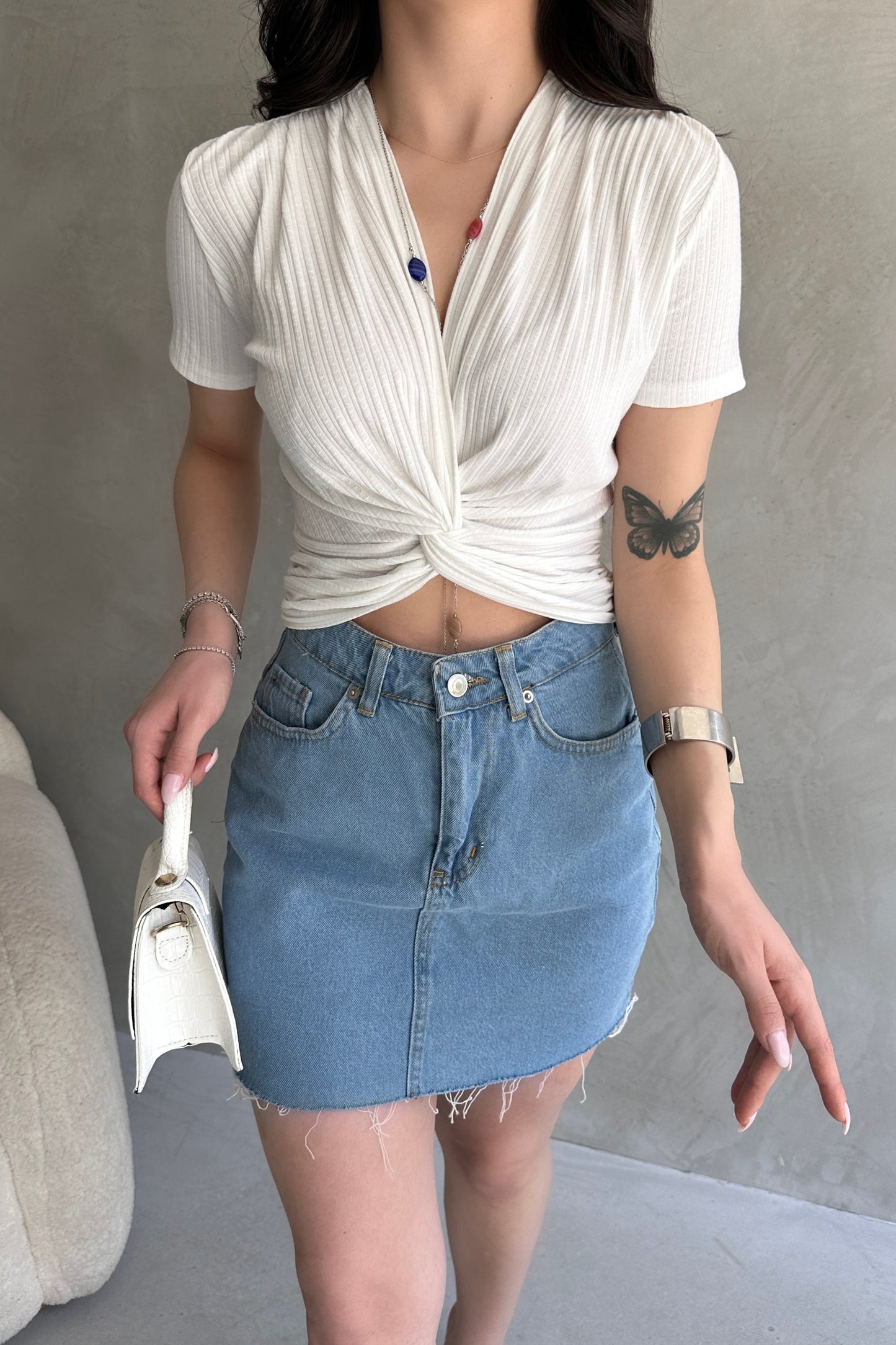 Kruvaze Yaka Crop Bluz