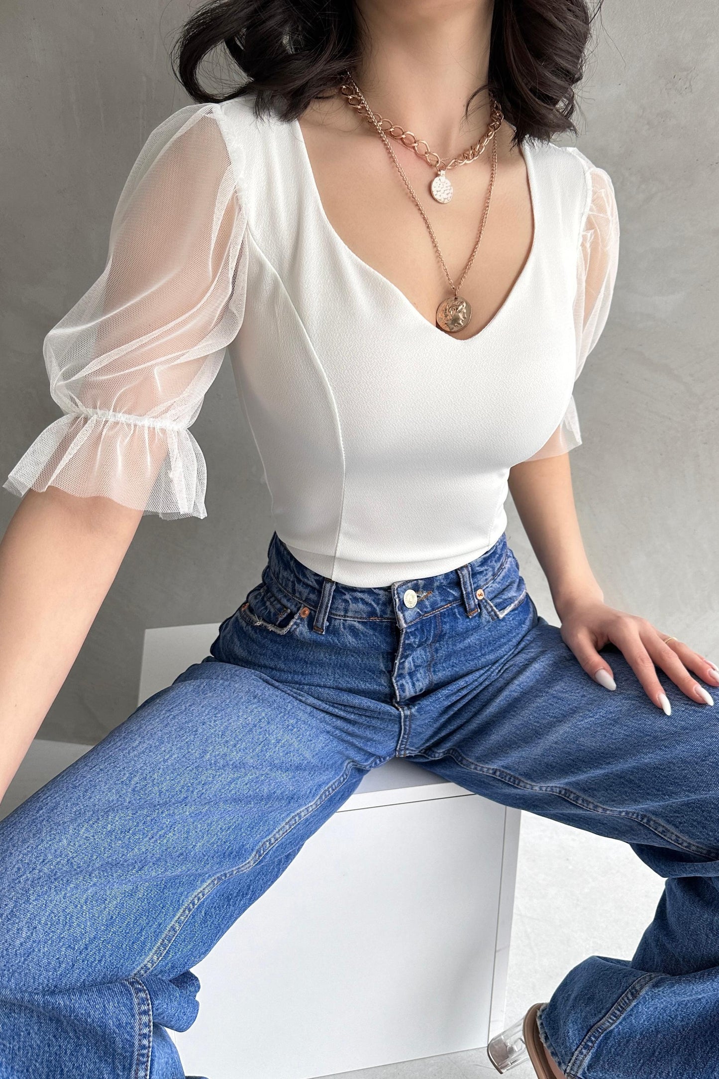 Prenses Kol Tül Detaylı Crep Bluz