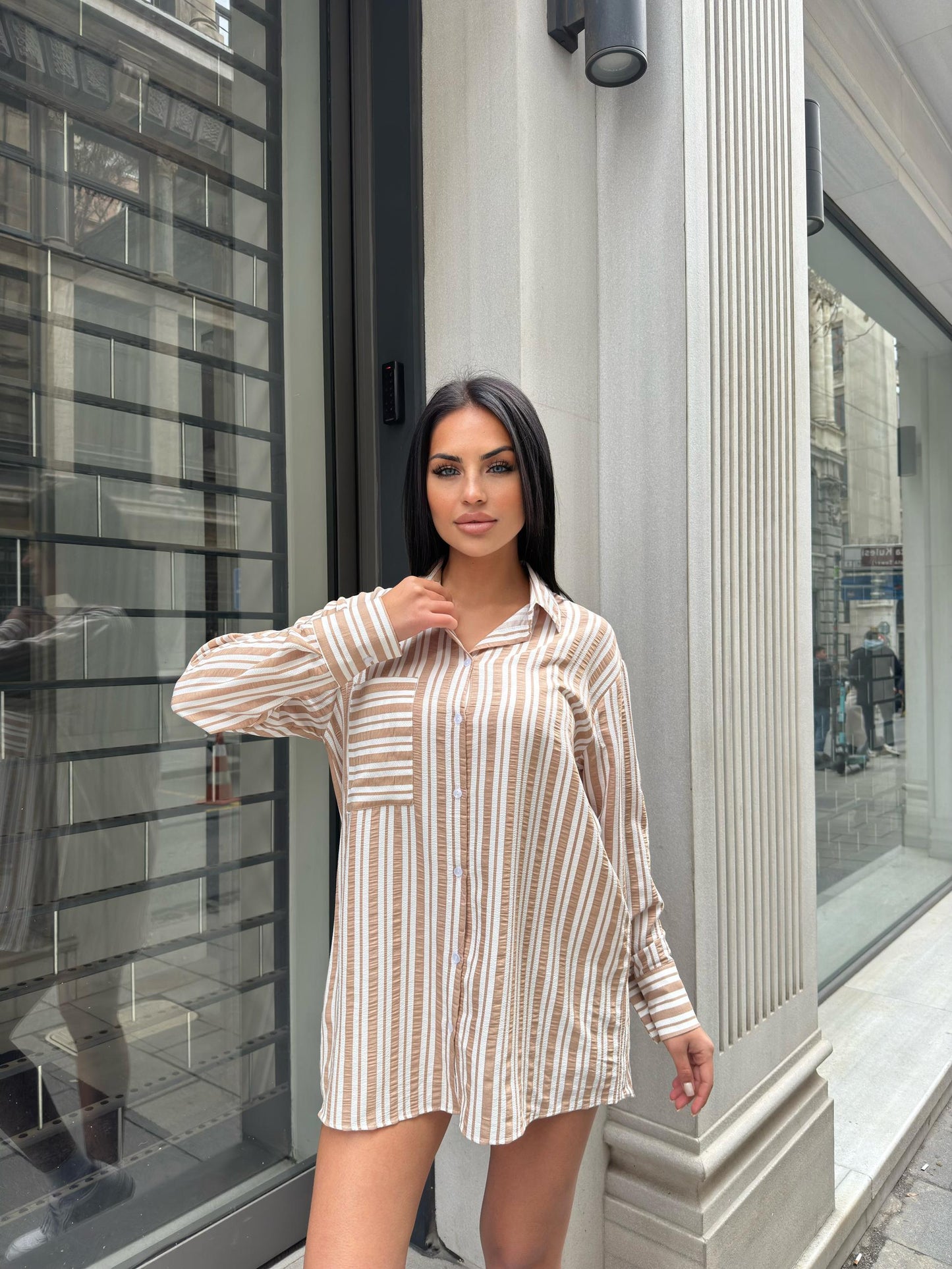 Tek Cep Çizgili Gofre Keten Gömlek