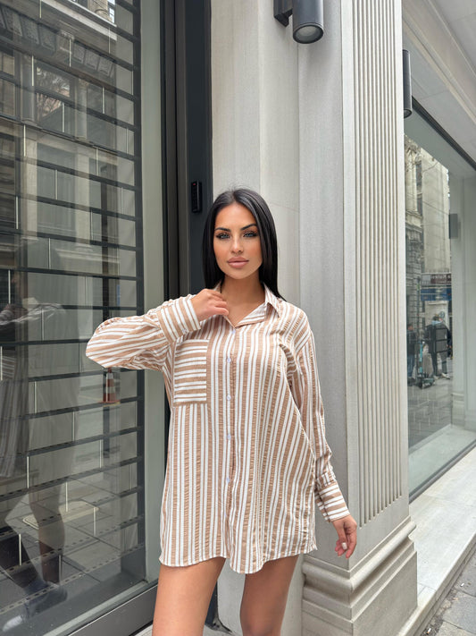 Tek Cep Çizgili Gofre Keten Gömlek