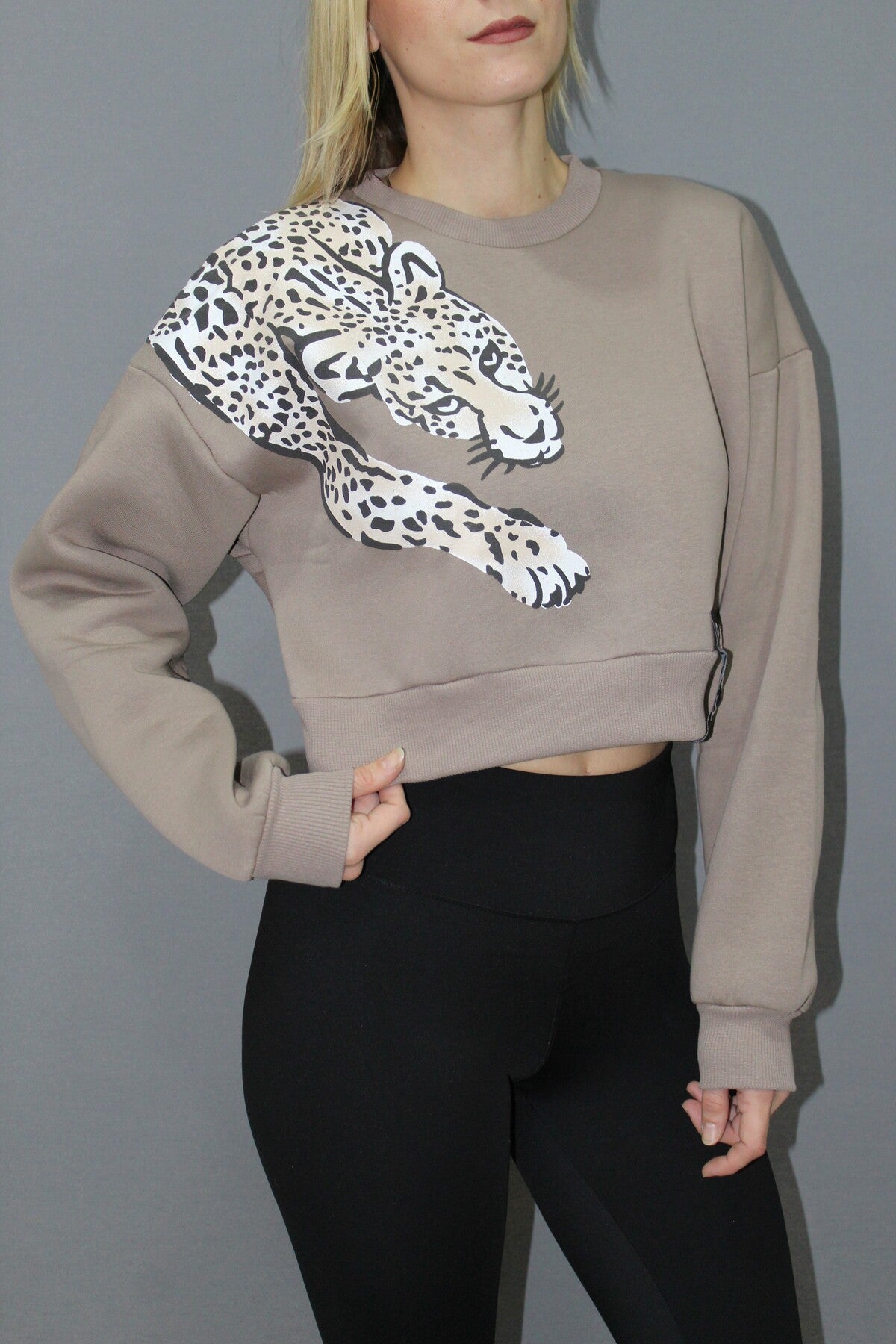Baskılı Crop Sweat – Taba