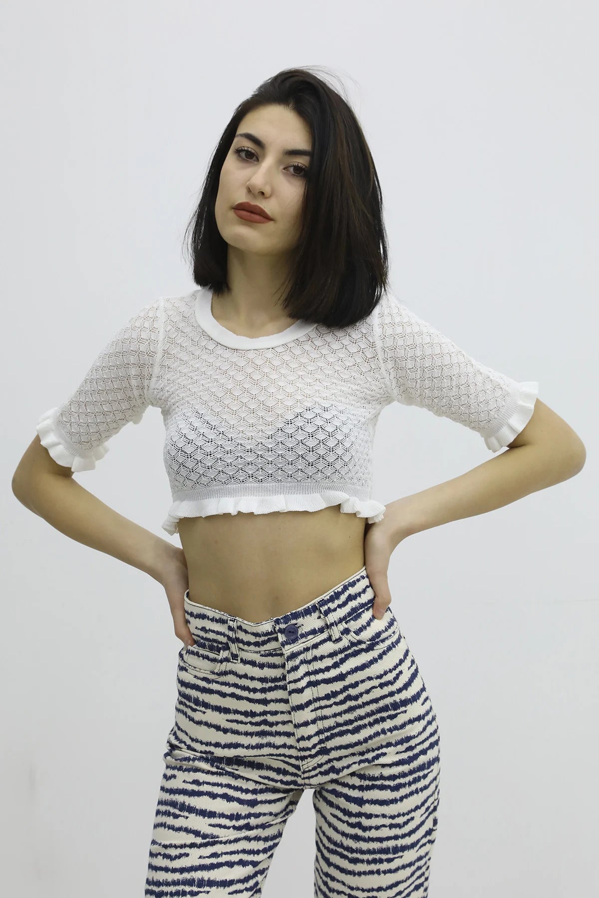 Bel Lastikli Triko Bluz - P-019803EKRU