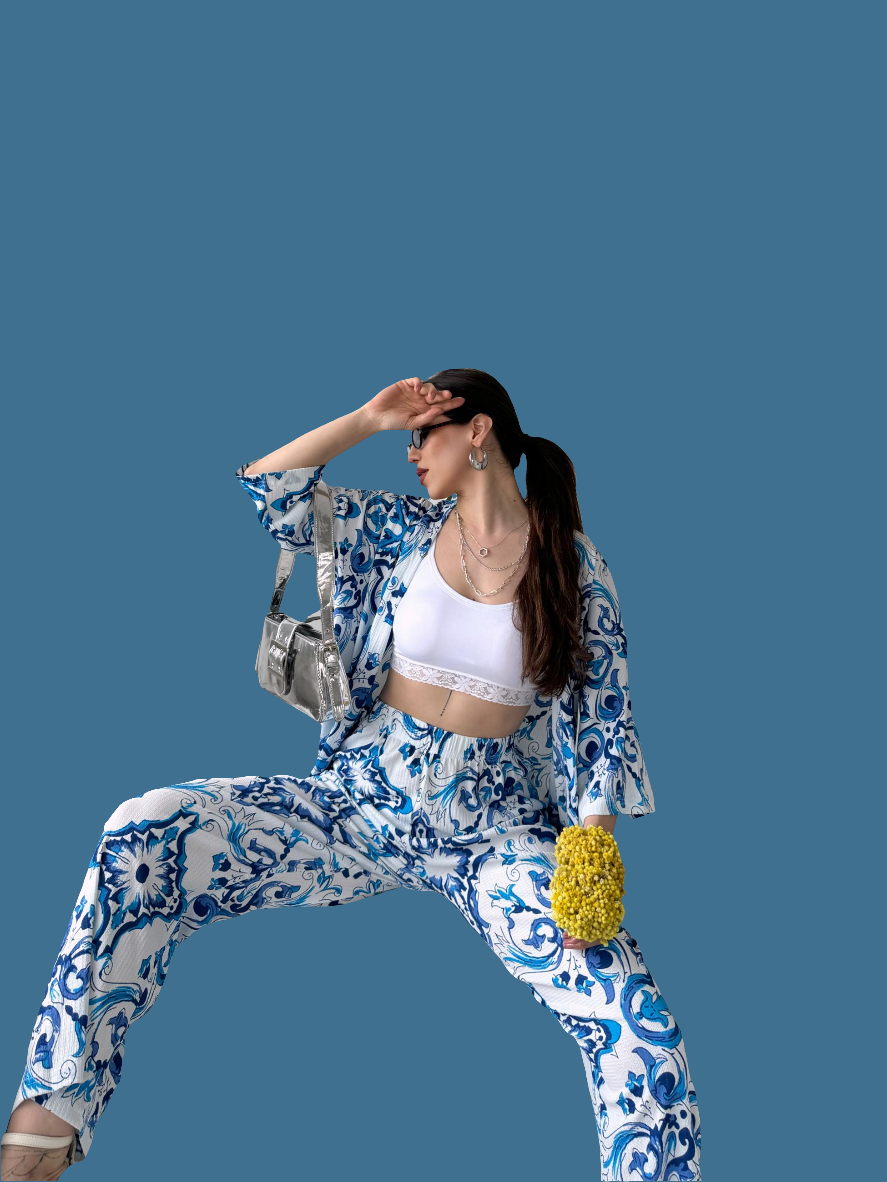 Desenli Kimono Ve Pantolon İkili Takım