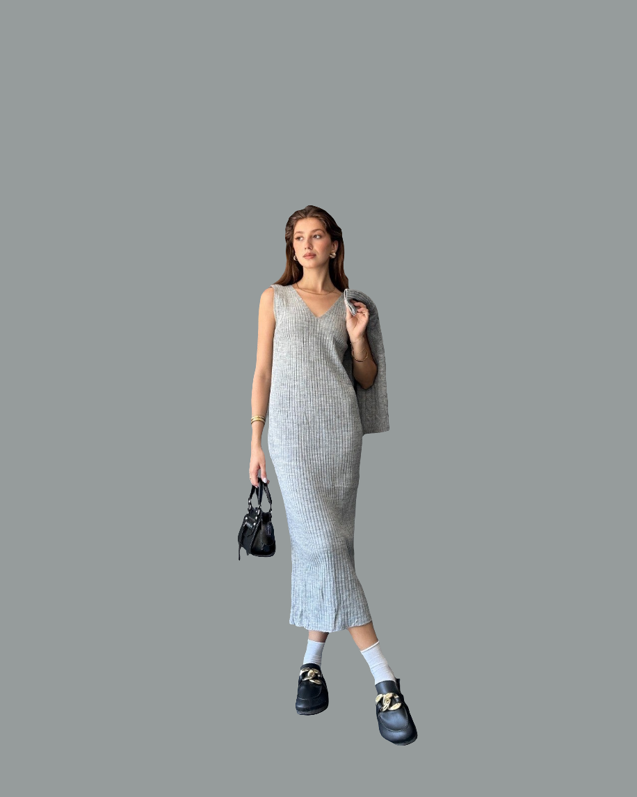 Saç Örgü Desenli 2\'li Elbise Triko Takım