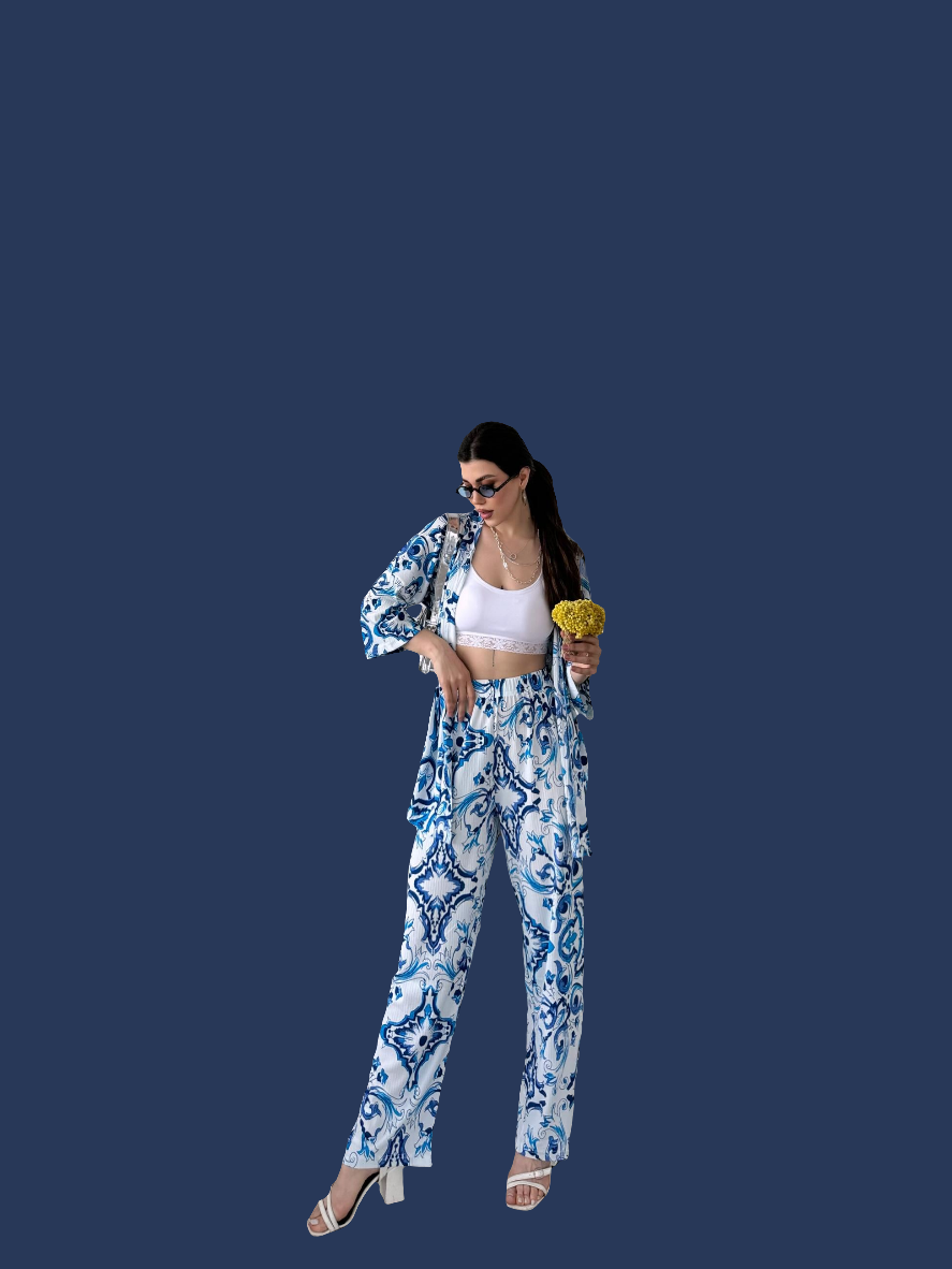 Desenli Kimono Ve Pantolon İkili Takım