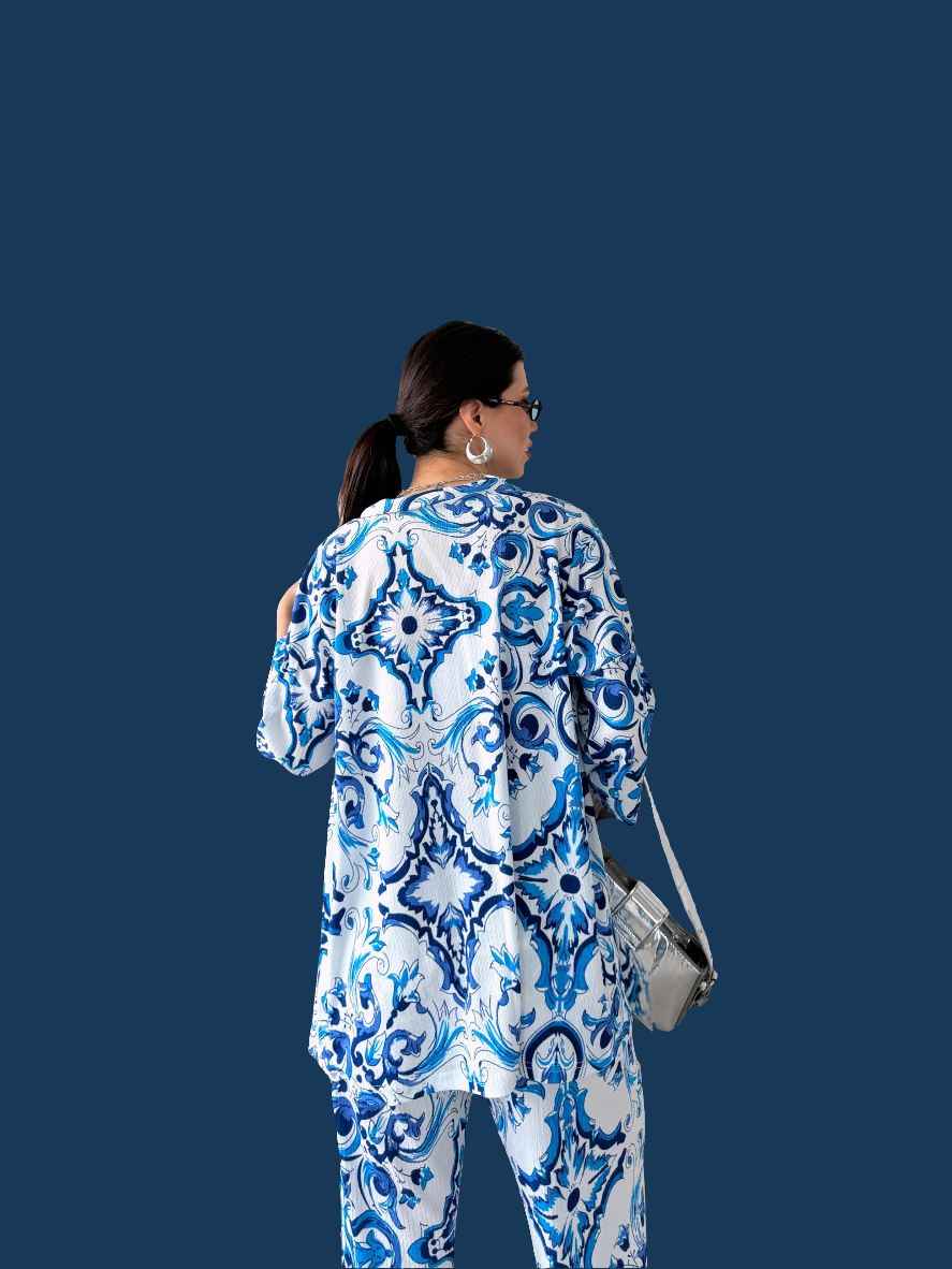 Desenli Kimono Ve Pantolon İkili Takım