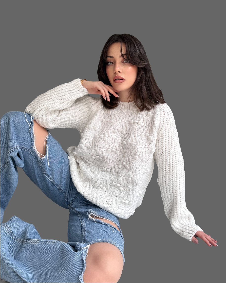 Bisiklet Yaka Bürümcük Detaylı Triko Kazak