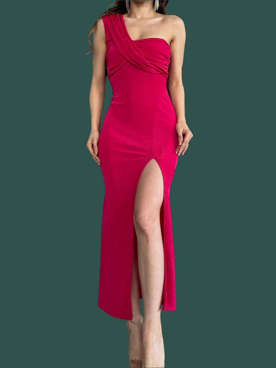 ✨ Tek Omuz Derin Yırtmaç Detaylı Buzzy Elbise ✨