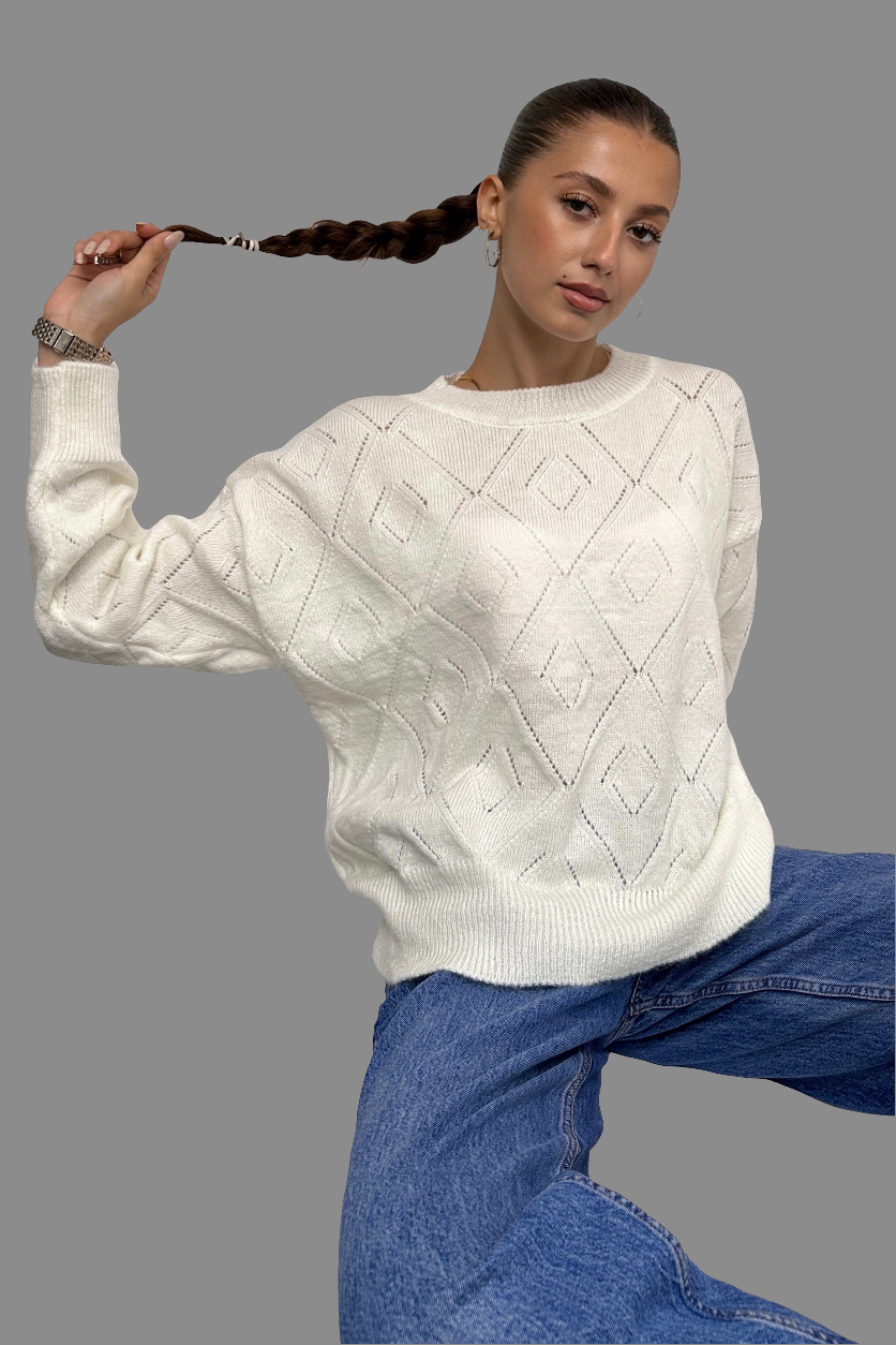 Bisiklet Yaka Baklava Desenli Triko Kazak