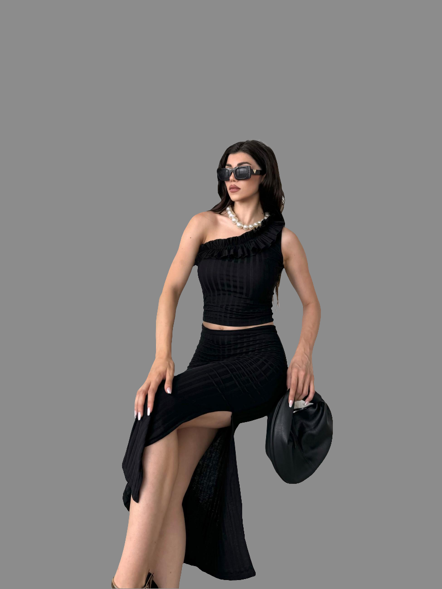 ✨ Tek Omuz Fırfır Detaylı Etek ve Bluz İkili Takım ✨