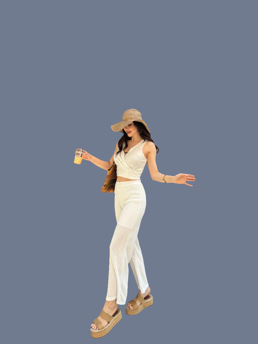 Kruvaze Yaka Crop Bluz ve Pantolon Triko İkili Takım