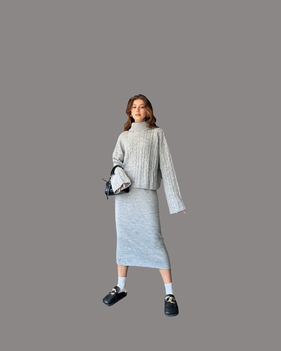 Saç Örgü Desenli 2\'li Elbise Triko Takım