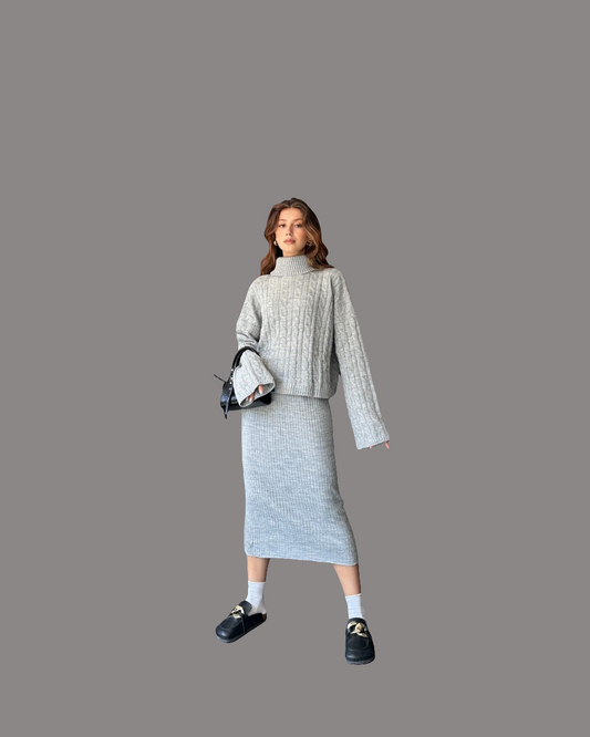 Saç Örgü Desenli 2\'li Elbise Triko Takım