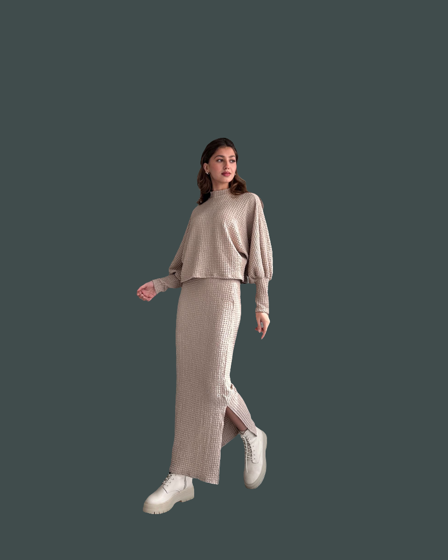 Dokulu Yırtmaç Detaylı Etek Ve Bluz 2\'Lİ Takım