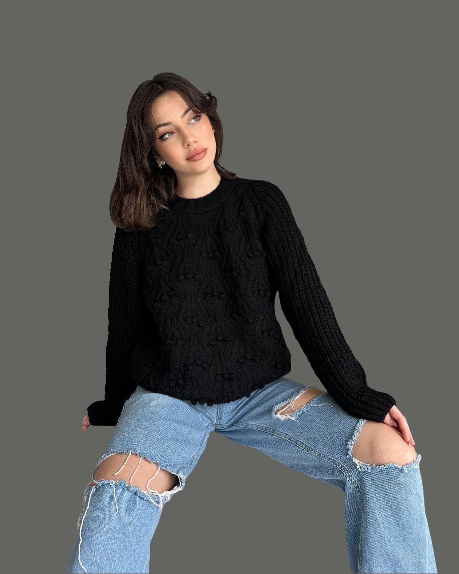 Bisiklet Yaka Bürümcük Detaylı Triko Kazak