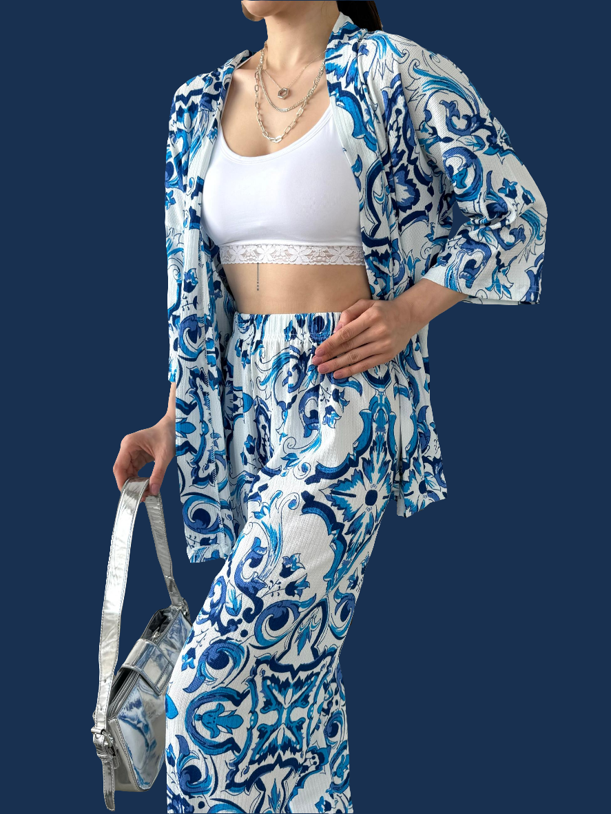 Desenli Kimono Ve Pantolon İkili Takım