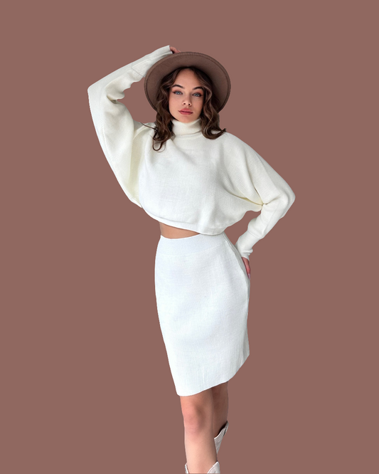 Balıkçı Yaka Yarasa Kol Bluz Ve Etek İkili Triko Takım