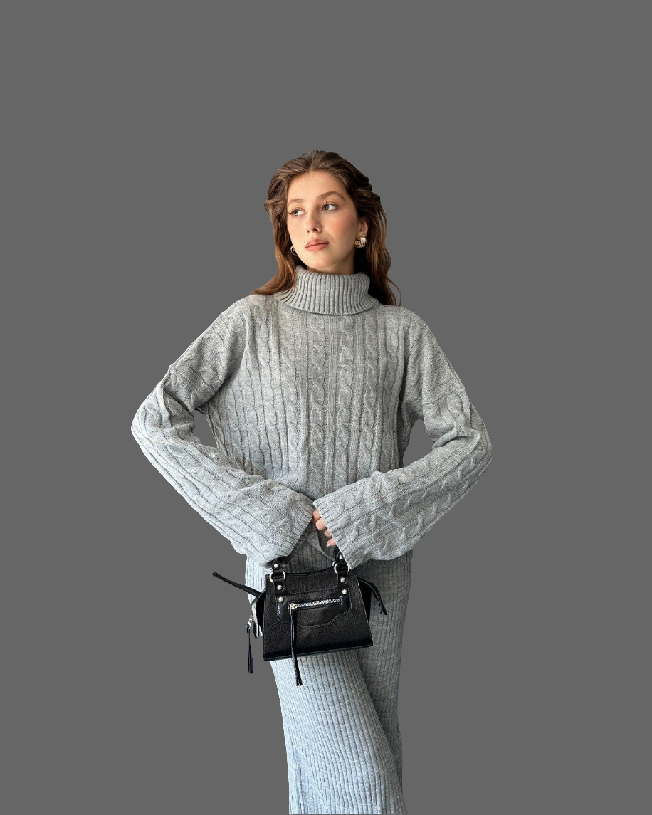 Saç Örgü Desenli 2\'li Elbise Triko Takım