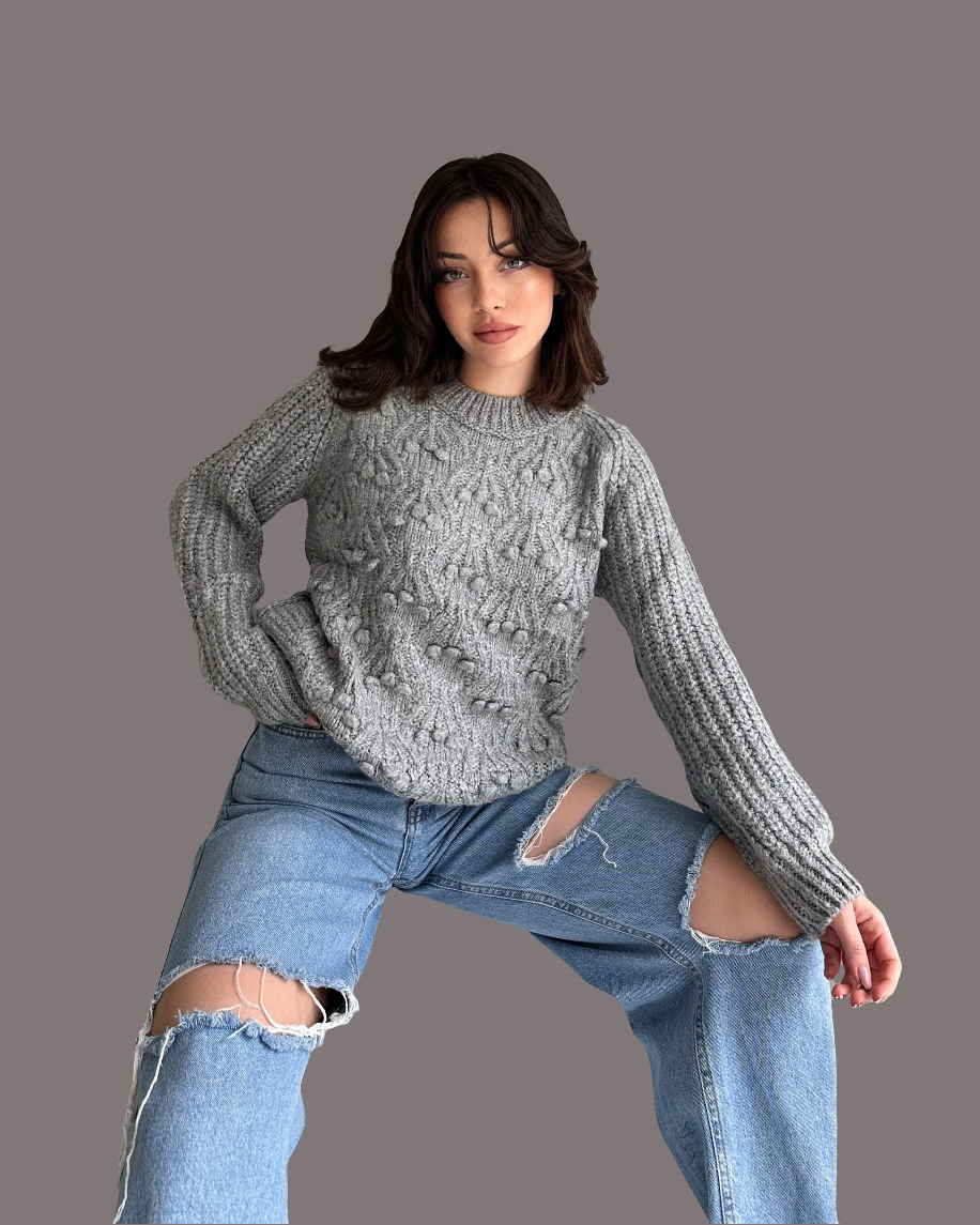 Bisiklet Yaka Bürümcük Detaylı Triko Kazak