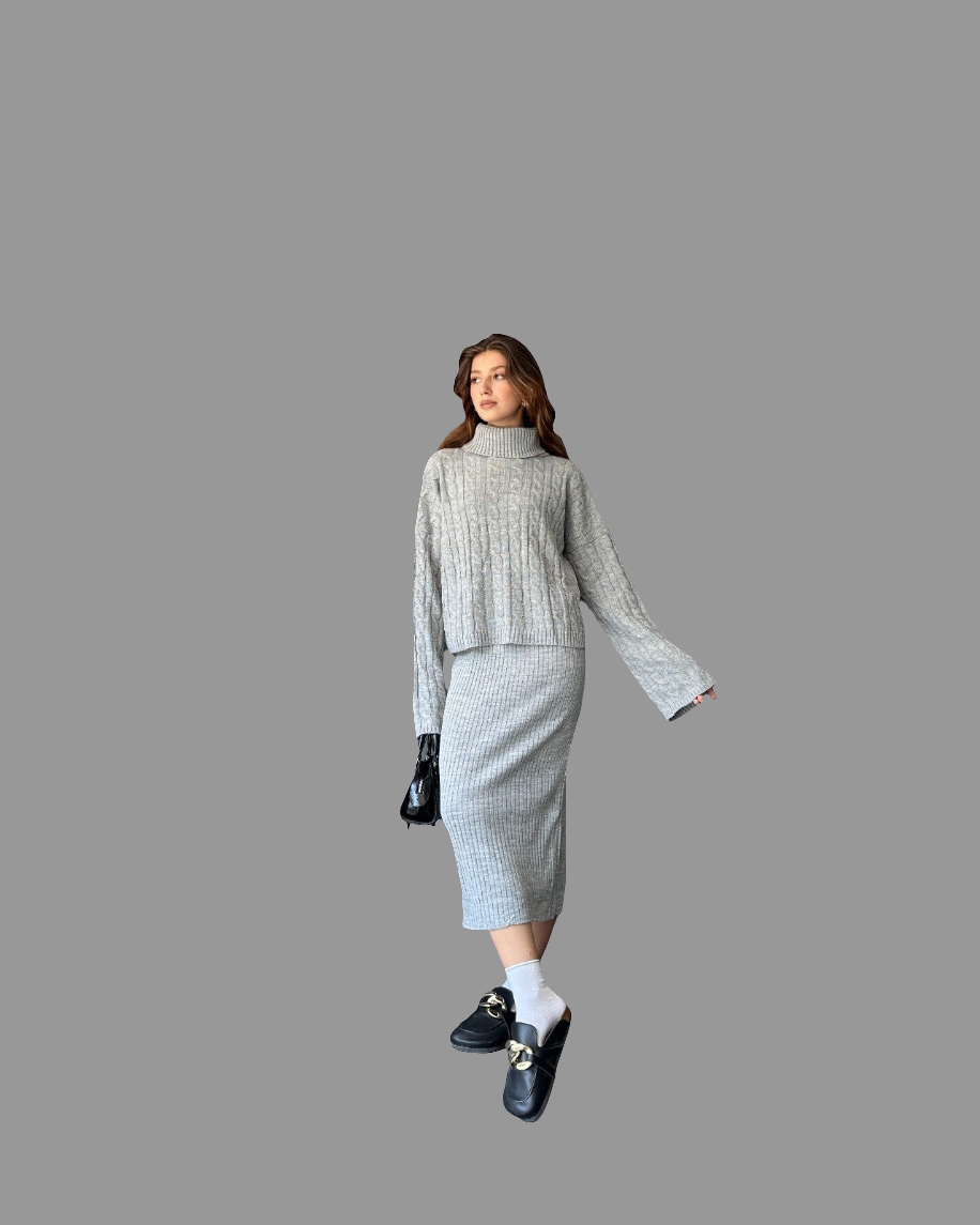 Saç Örgü Desenli 2\'li Elbise Triko Takım