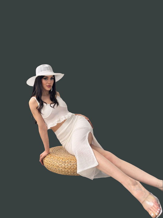 Fırfır Detaylı Crop Bluz Ve Etek Triko İkili Takım